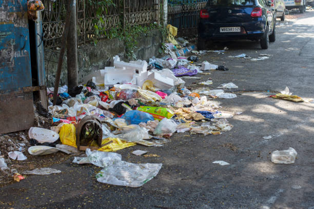 15th October, 2021, Kolkata, West Bengal, India: Litter on street causing pollution with selective focus.