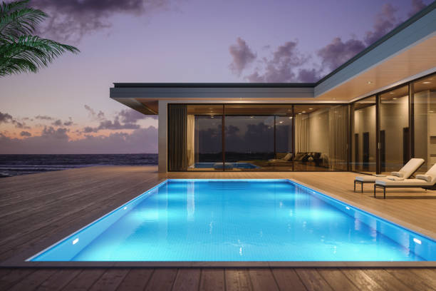 3D render of a single-storey, luxury villa in modern and minimalist architecture at night.